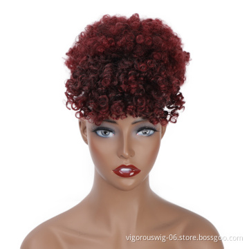 Vigorous High Quality Cheap Price Ombre Burgundy Bang Ponytail Kinky Curly Chignon Fiber For Black Women Synthetic Afro Hair Bun